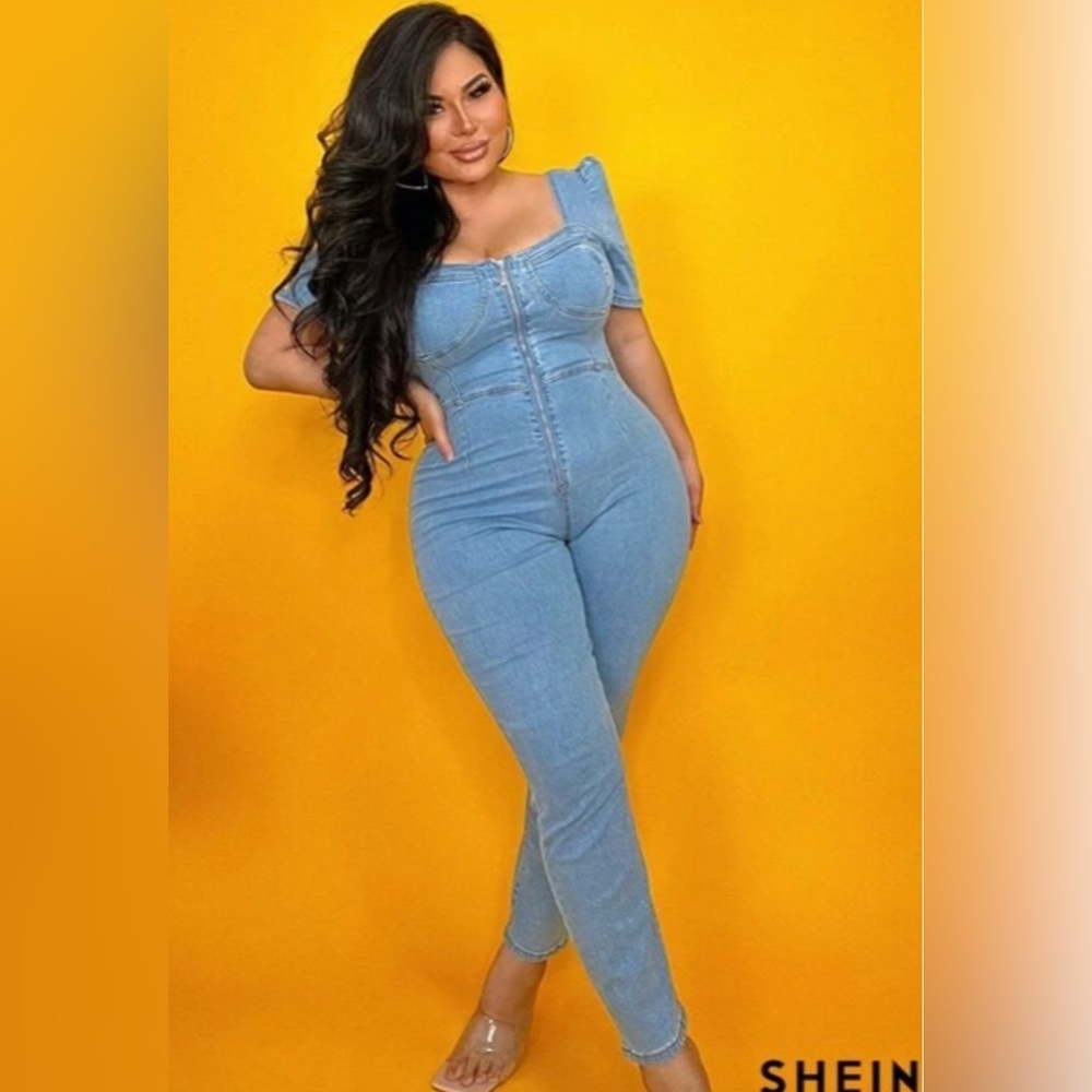 SHEIN SXY Puff Sleeve Zip Up Bustier Denim Jumpsuit